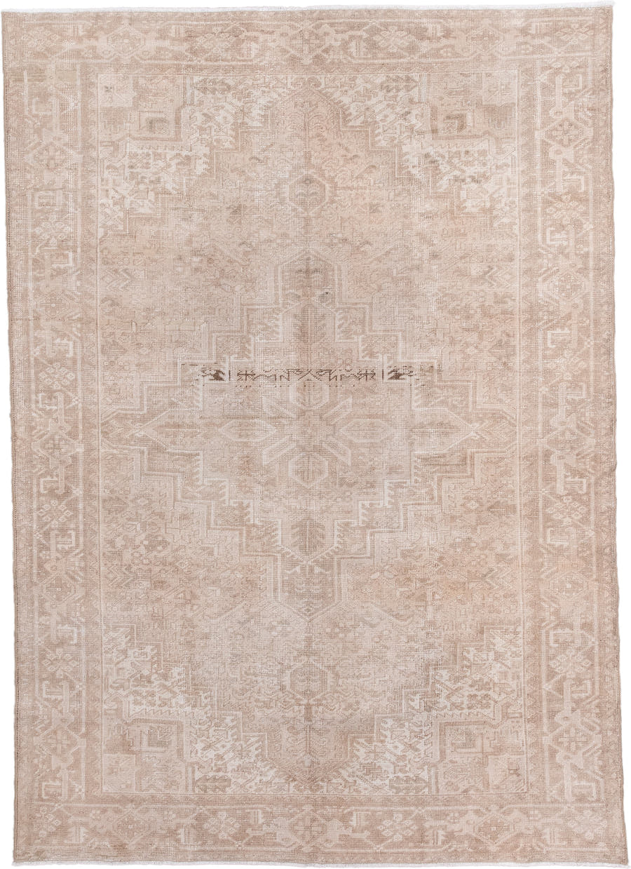 6' x 9' one-of-a-kind handmade antique Heriz medium size rug. Color palette: beige, ivory, taupe, sand, camel, gray