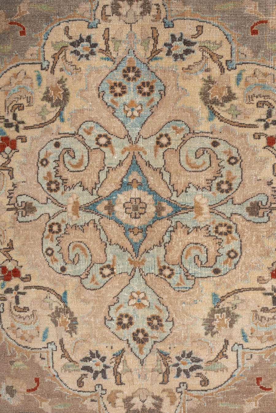 9' x 12' one-of-a-kind handmade vintage Tabriz large size rug. Color palette: taupe, ivory, camel, pale blue, rust, cream