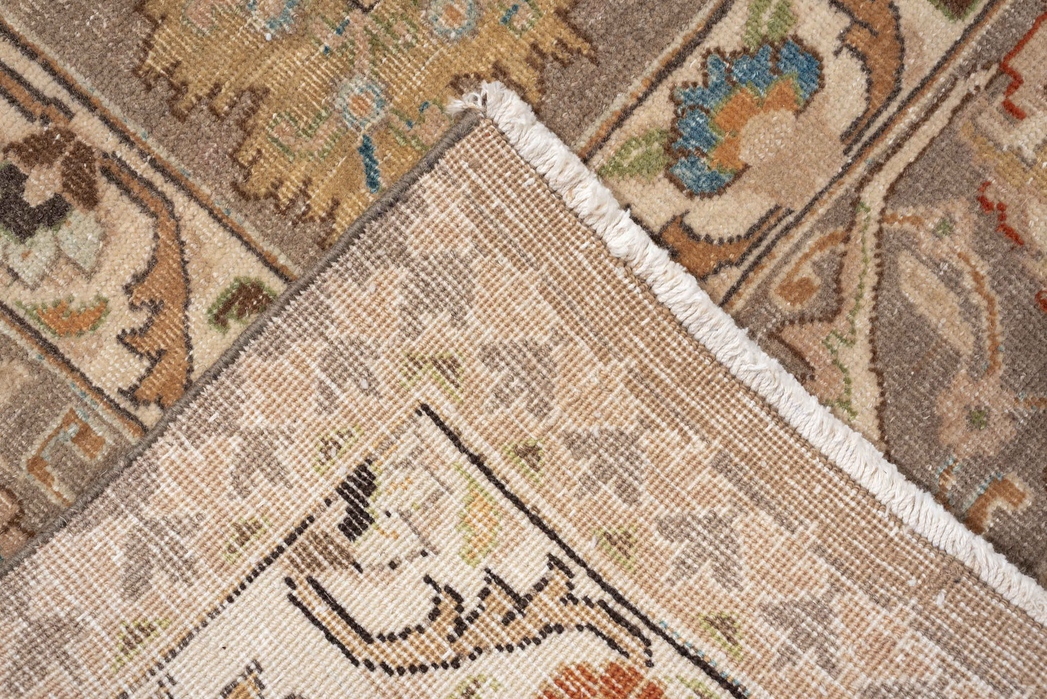 9' x 12' one-of-a-kind handmade vintage Tabriz large size rug. Color palette: taupe, ivory, camel, pale blue, rust, cream