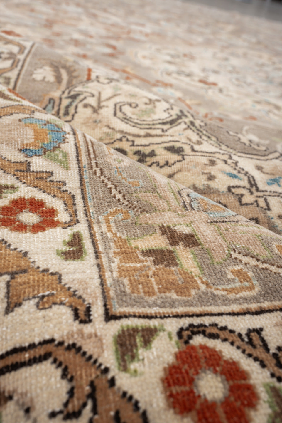 9' x 12' one-of-a-kind handmade vintage Tabriz large size rug. Color palette: taupe, ivory, camel, pale blue, rust, cream