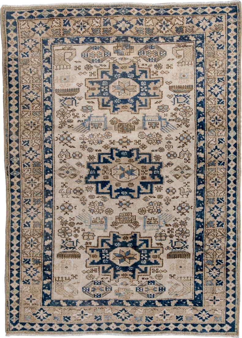 3' x 5' one-of-a-kind handmade vintage Ardebil small size rug. Color palette: ivory, navy, taupe, light blue, beige, brown