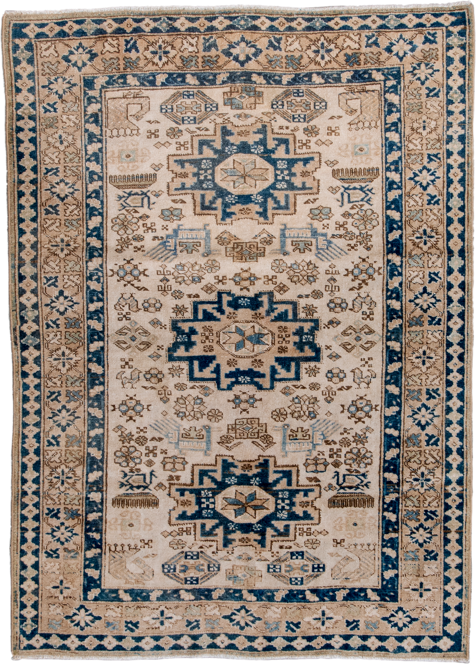 3' x 5' one-of-a-kind handmade vintage Ardebil small size rug. Color palette: ivory, navy, taupe, light blue, beige, brown
