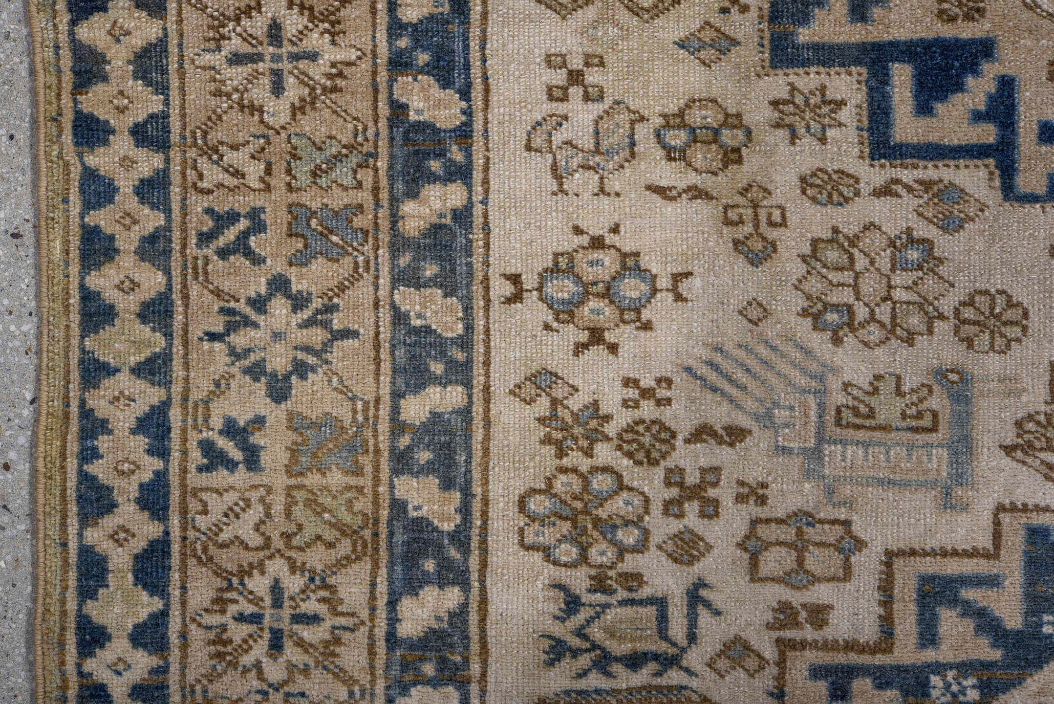 3' x 5' one-of-a-kind handmade vintage Ardebil small size rug. Color palette: ivory, navy, taupe, light blue, beige, brown