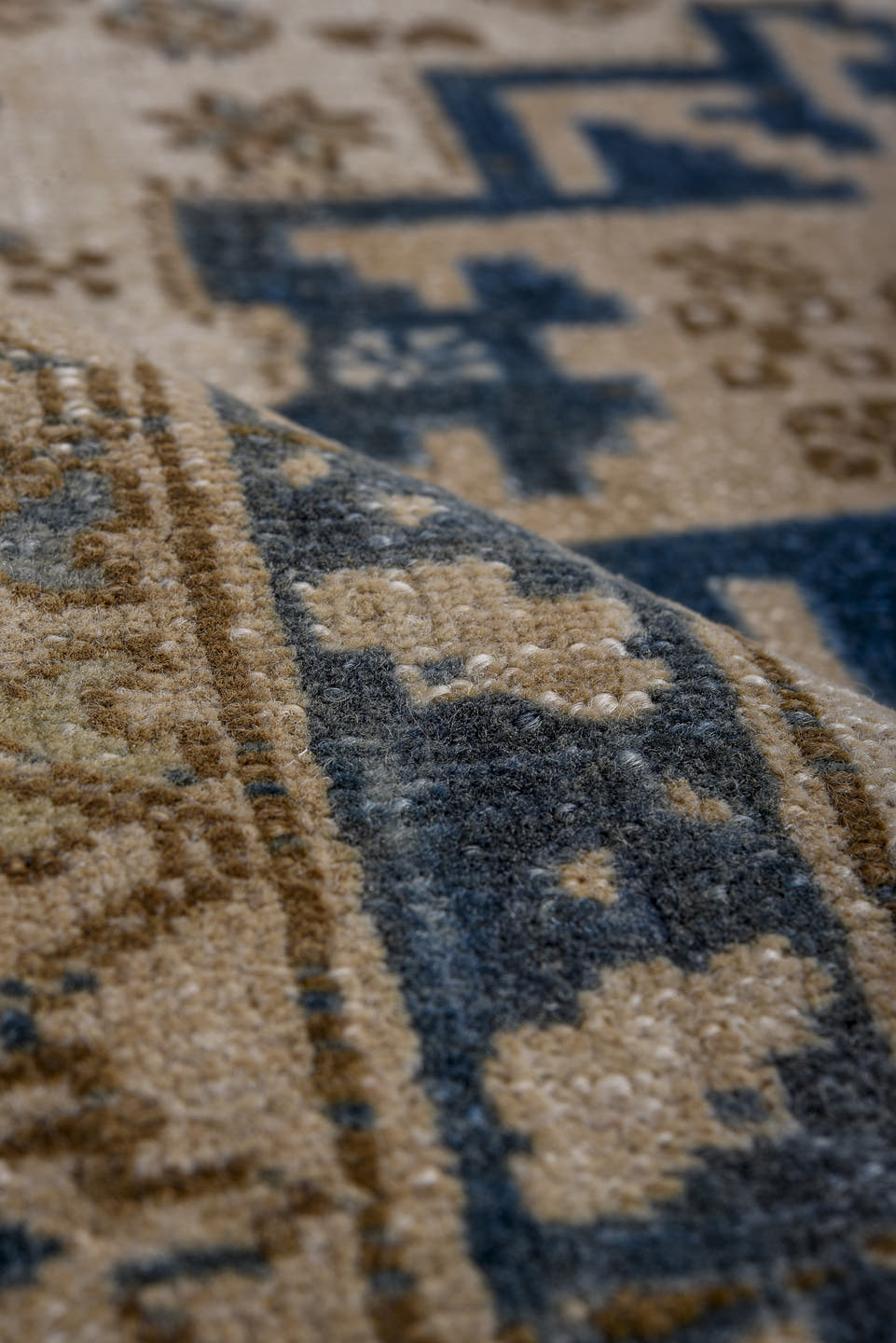 3' x 5' one-of-a-kind handmade vintage Ardebil small size rug. Color palette: ivory, navy, taupe, light blue, beige, brown