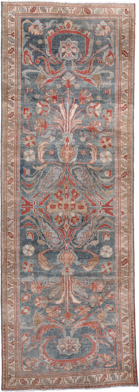 3' x 9' one-of-a-kind handmade antique Lilian runner rug. Color palette: blue, ivory, rust, taupe, terracotta, beige, brown