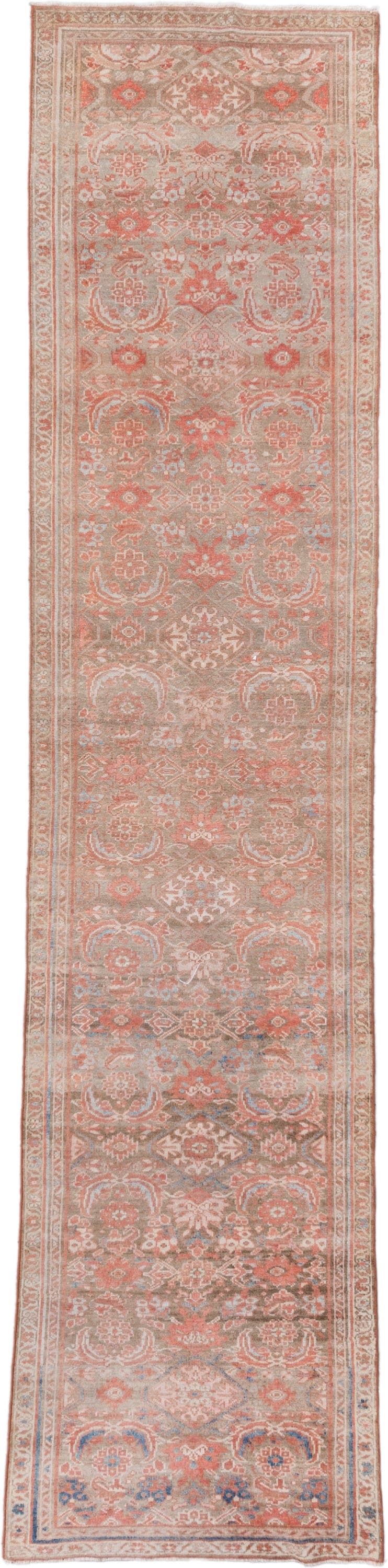 3' x 13' one-of-a-kind handmade vintage Hamadan runner rug. Color palette: taupe, salmon, ivory, pale blue, rose, beige