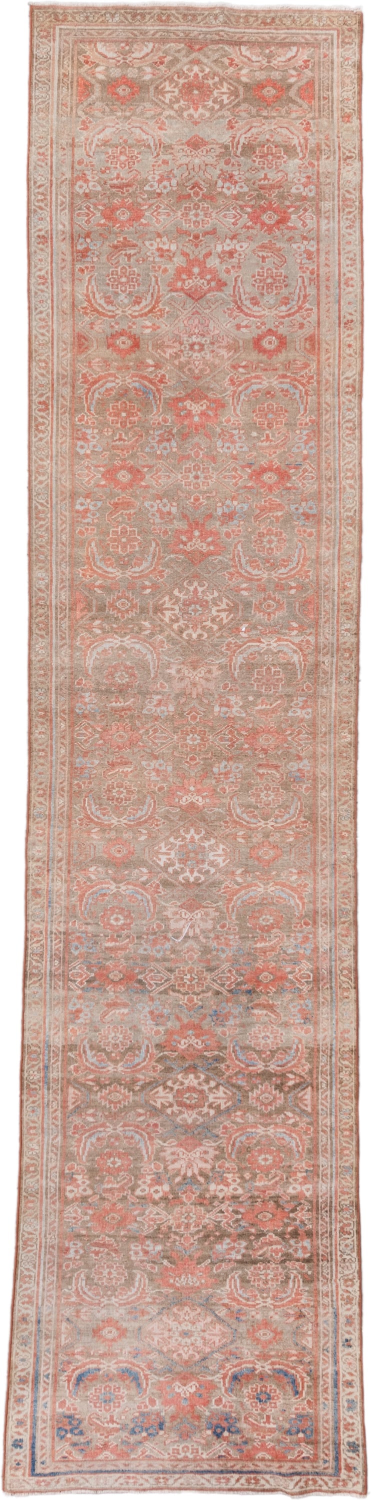 3' x 13' one-of-a-kind handmade vintage Hamadan runner rug. Color palette: taupe, salmon, ivory, pale blue, rose, beige