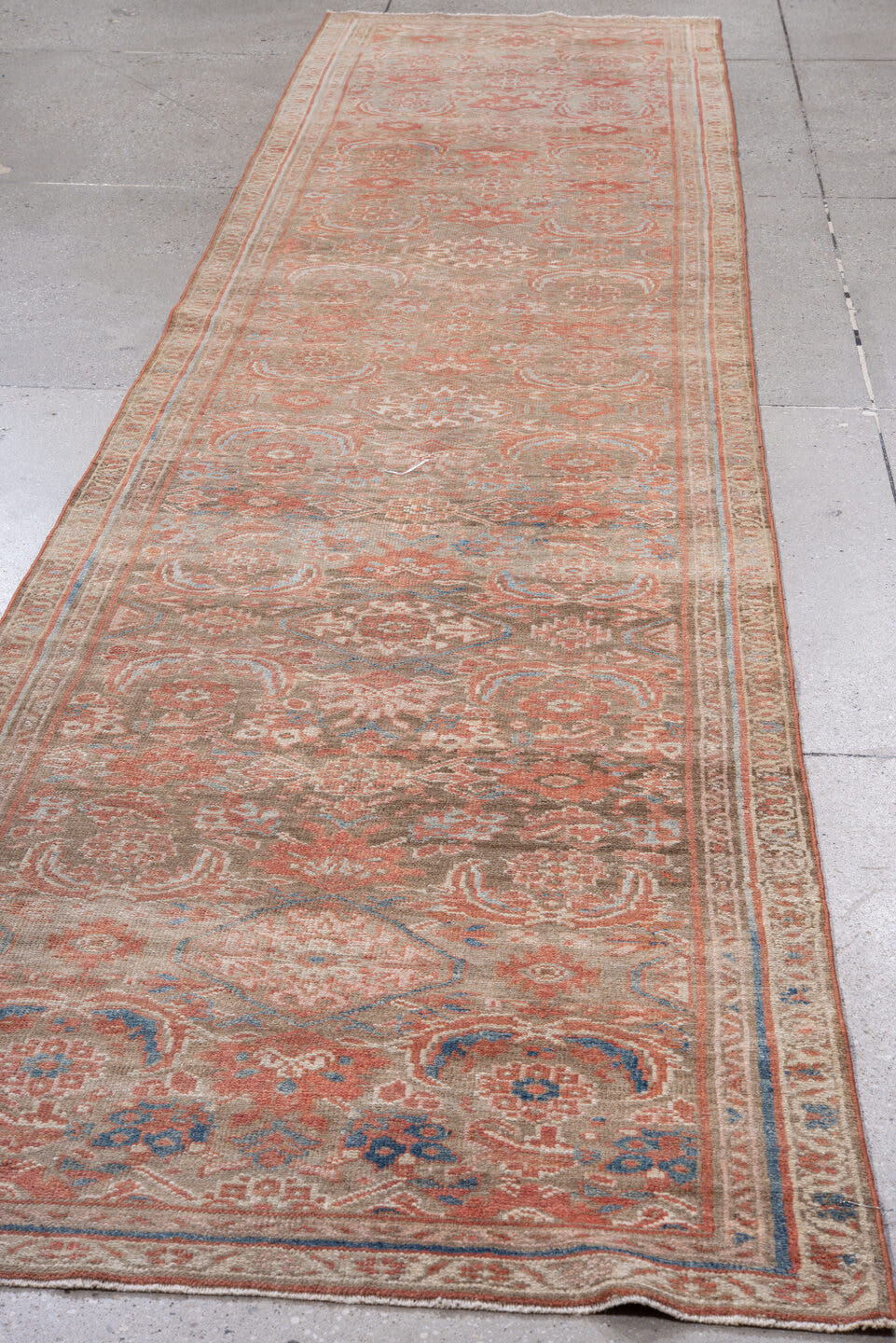 3' x 13' one-of-a-kind handmade vintage Hamadan runner rug. Color palette: taupe, salmon, ivory, pale blue, rose, beige