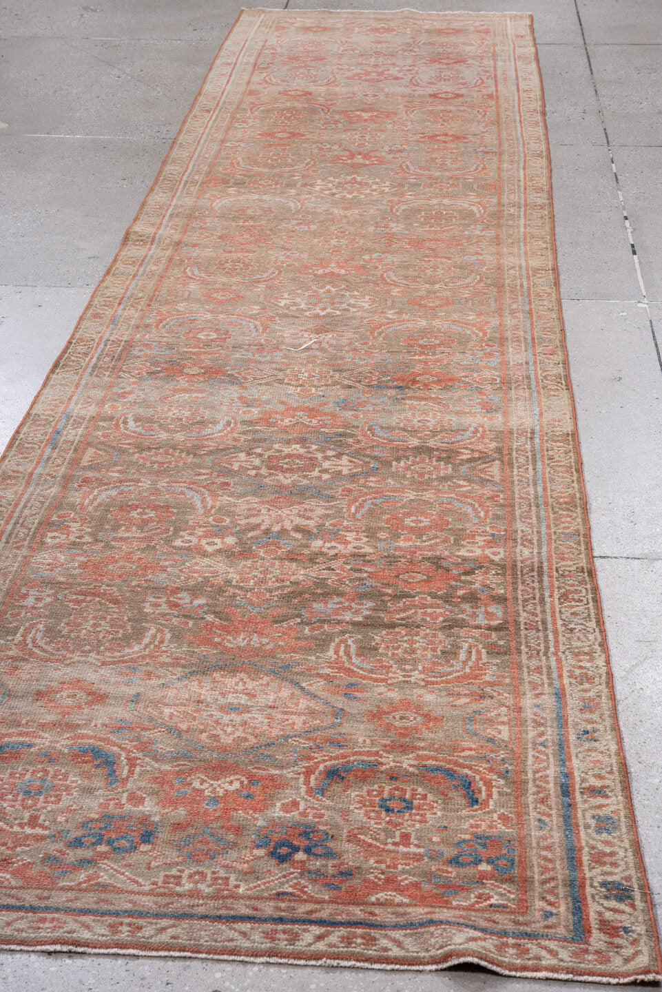 3' x 13' one-of-a-kind handmade vintage Hamadan runner rug. Color palette: taupe, salmon, ivory, pale blue, rose, beige