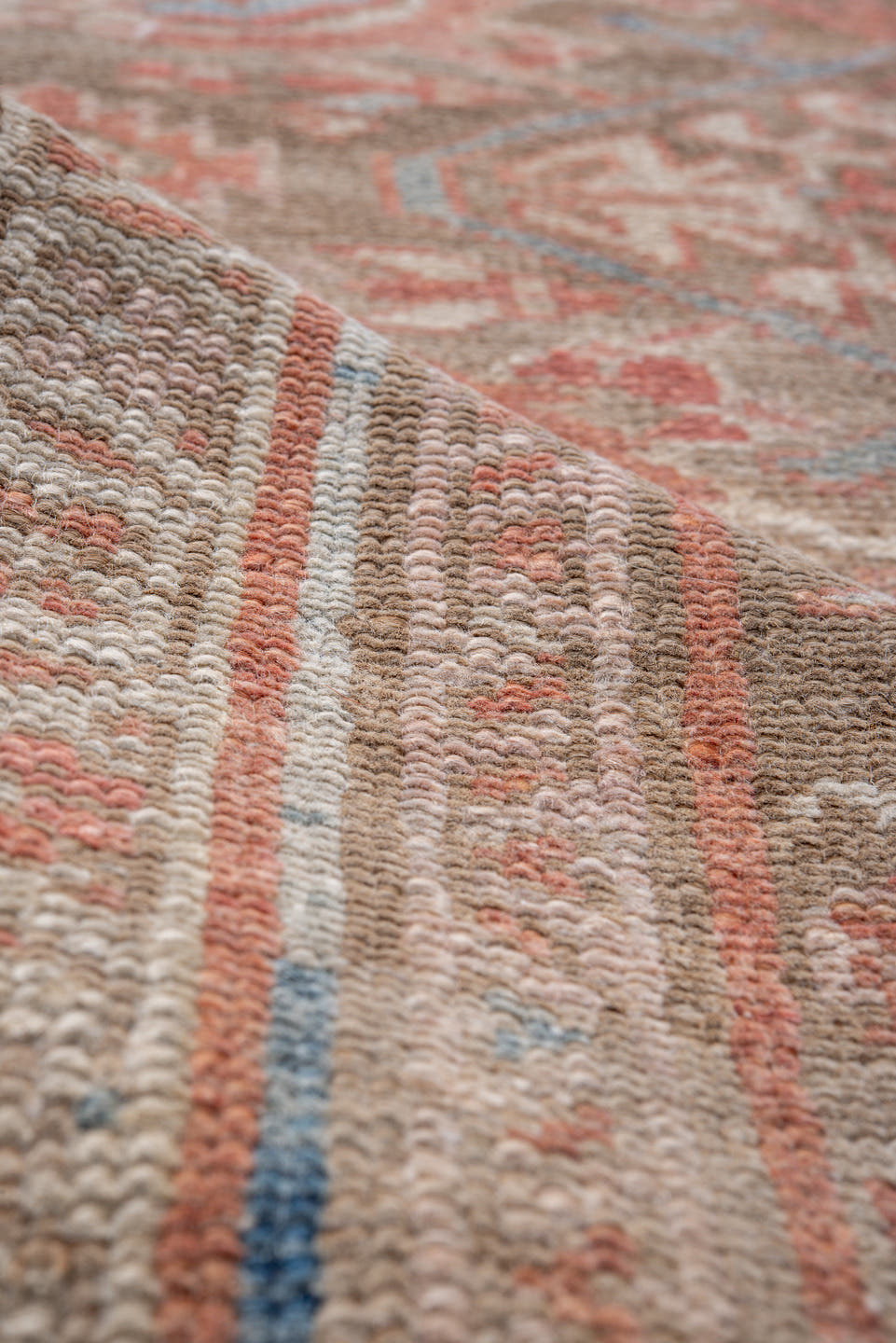 3' x 13' one-of-a-kind handmade vintage Hamadan runner rug. Color palette: taupe, salmon, ivory, pale blue, rose, beige