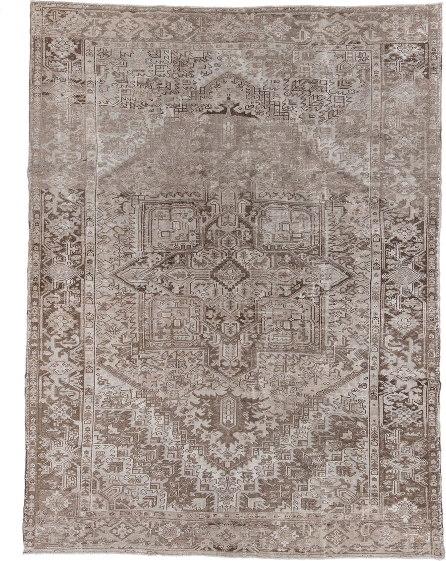 8' x 11' one-of-a-kind handmade antique Heriz large size rug. Color palette: taupe, ivory, beige, camel, brown, gray