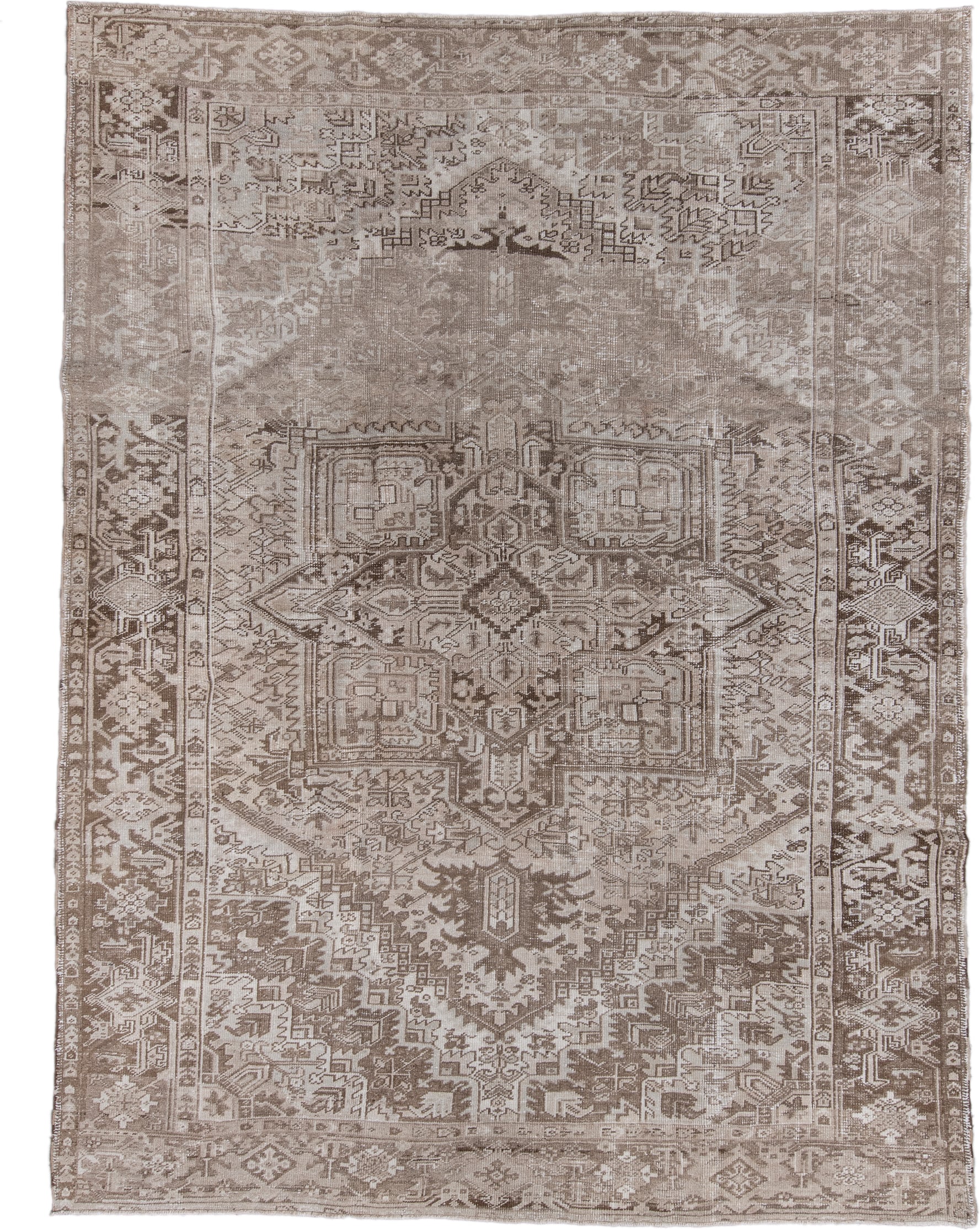 8' x 11' one-of-a-kind handmade antique Heriz large size rug. Color palette: taupe, ivory, beige, camel, brown, gray