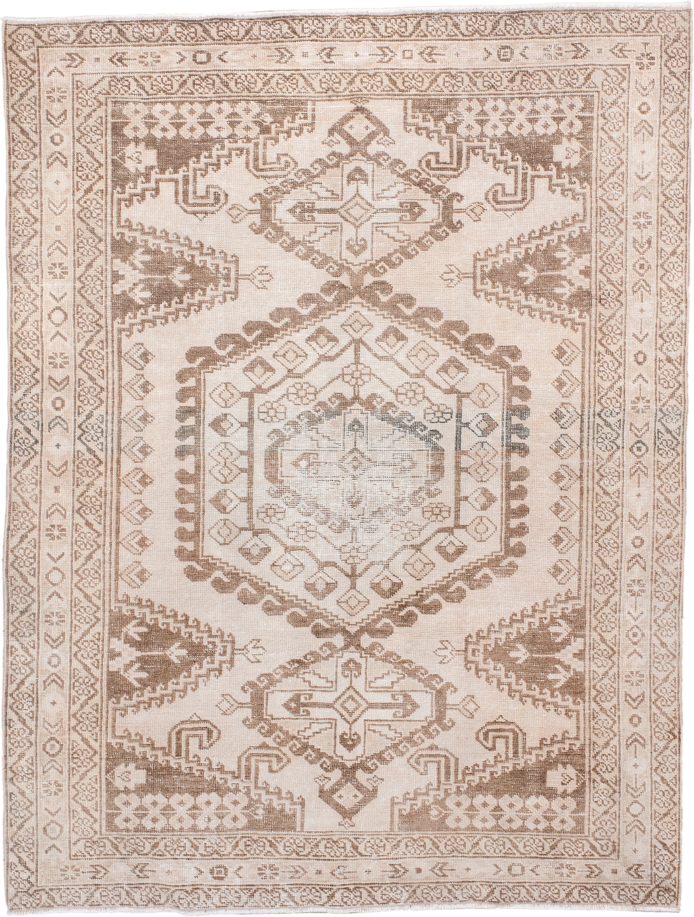 5' x 6' one-of-a-kind handmade antique Veece rug. Color palette: ivory, taupe, camel, beige, sand, gray