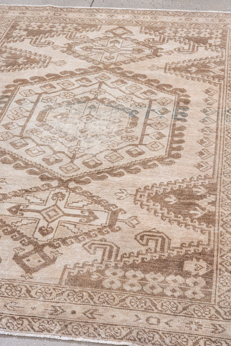 5' x 6' one-of-a-kind handmade antique Veece rug. Color palette: ivory, taupe, camel, beige, sand, gray