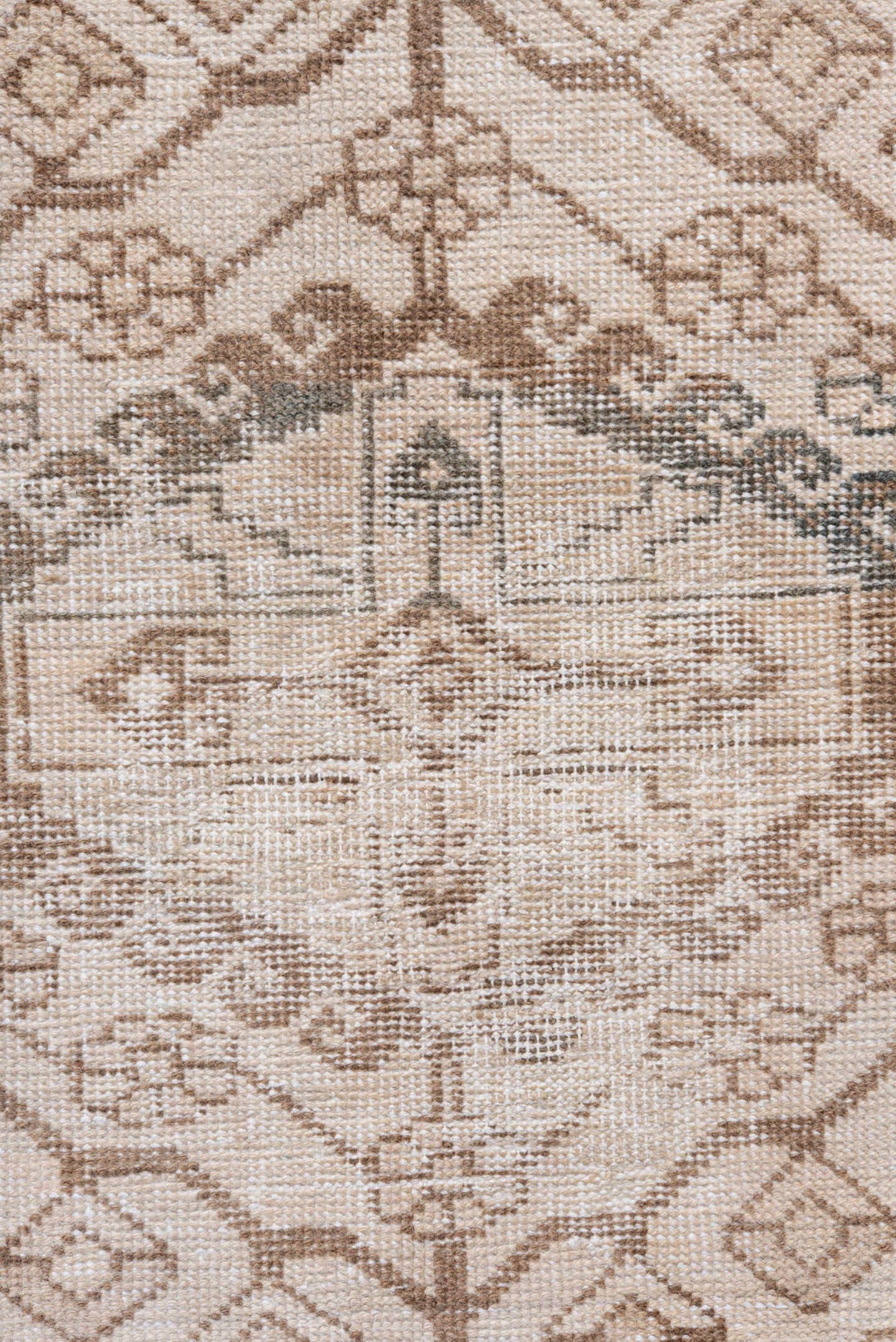 5' x 6' one-of-a-kind handmade antique Veece rug. Color palette: ivory, taupe, camel, beige, sand, gray