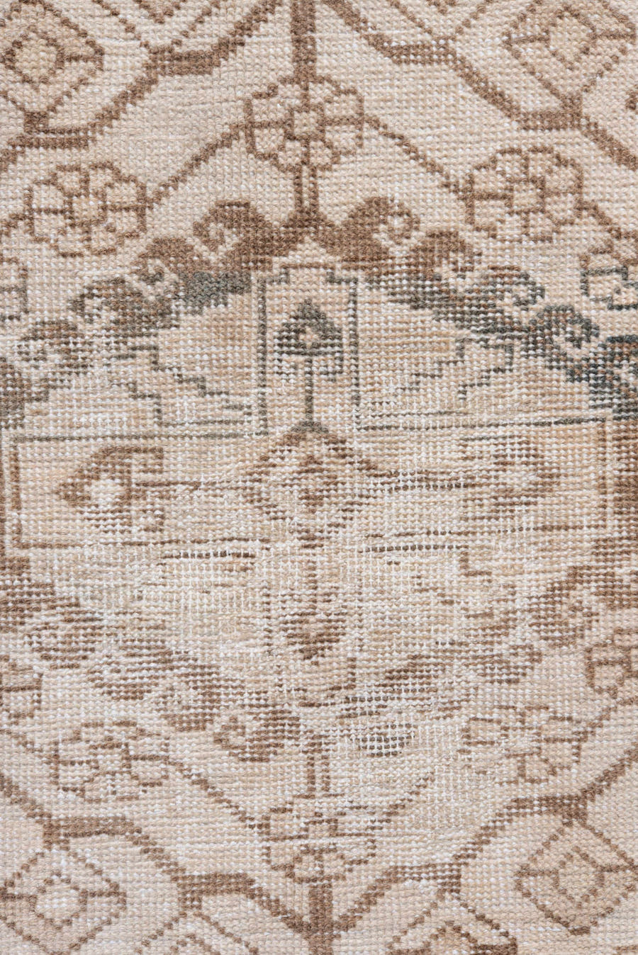 5' x 6' one-of-a-kind handmade antique Veece rug. Color palette: ivory, taupe, camel, beige, sand, gray