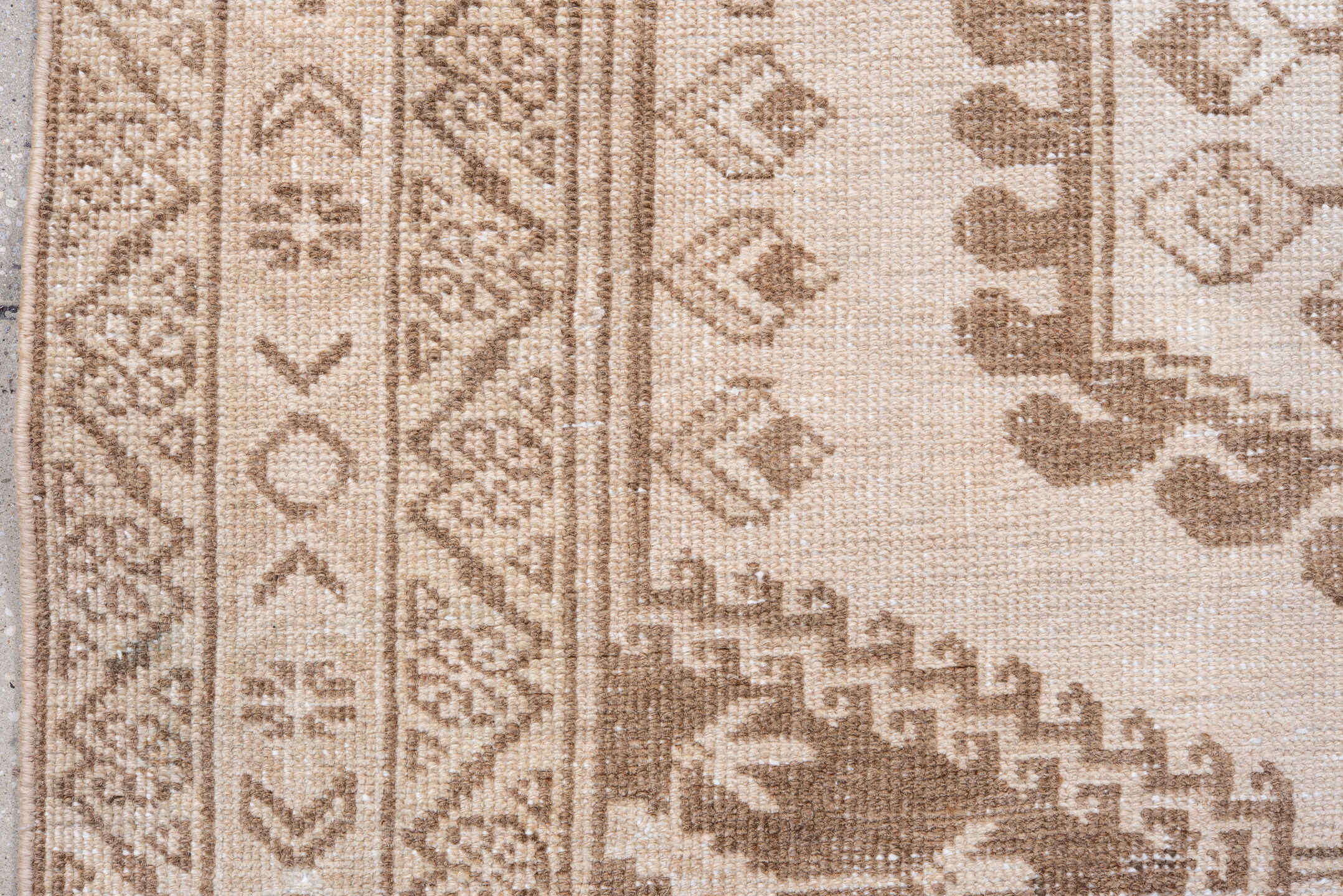 5' x 6' one-of-a-kind handmade antique Veece rug. Color palette: ivory, taupe, camel, beige, sand, gray