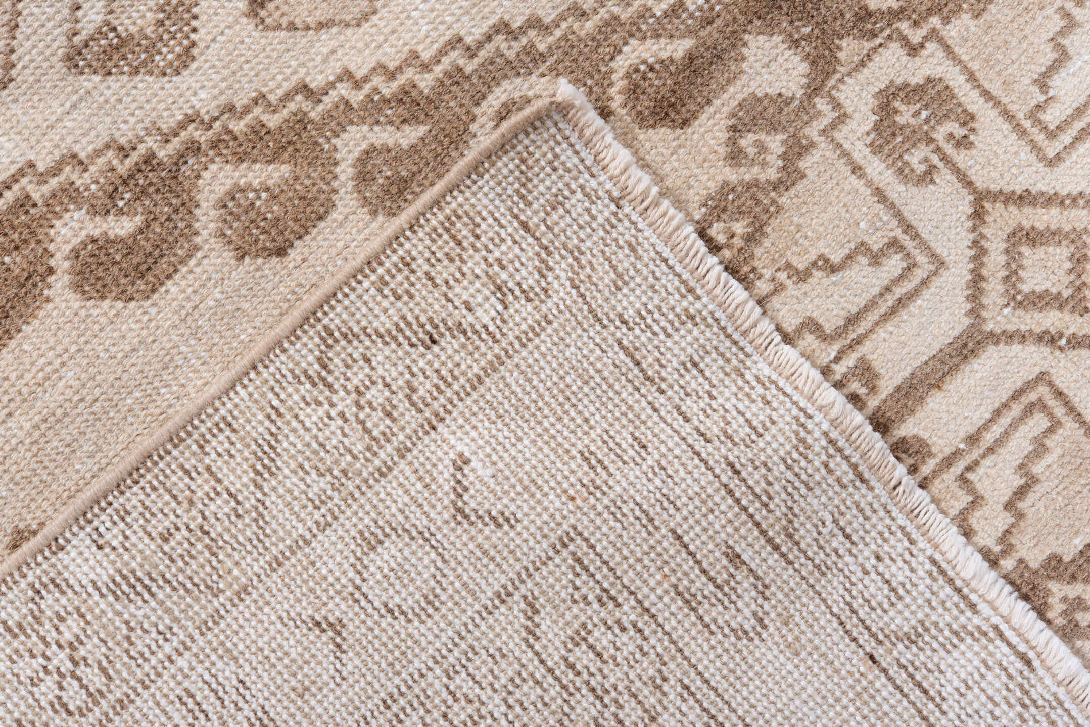 5' x 6' one-of-a-kind handmade antique Veece rug. Color palette: ivory, taupe, camel, beige, sand, gray