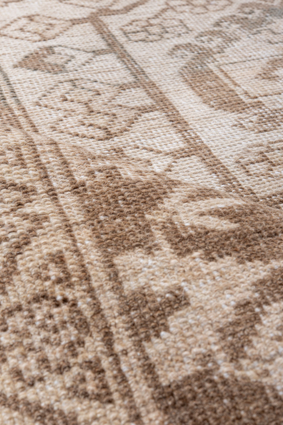 5' x 6' one-of-a-kind handmade antique Veece rug. Color palette: ivory, taupe, camel, beige, sand, gray