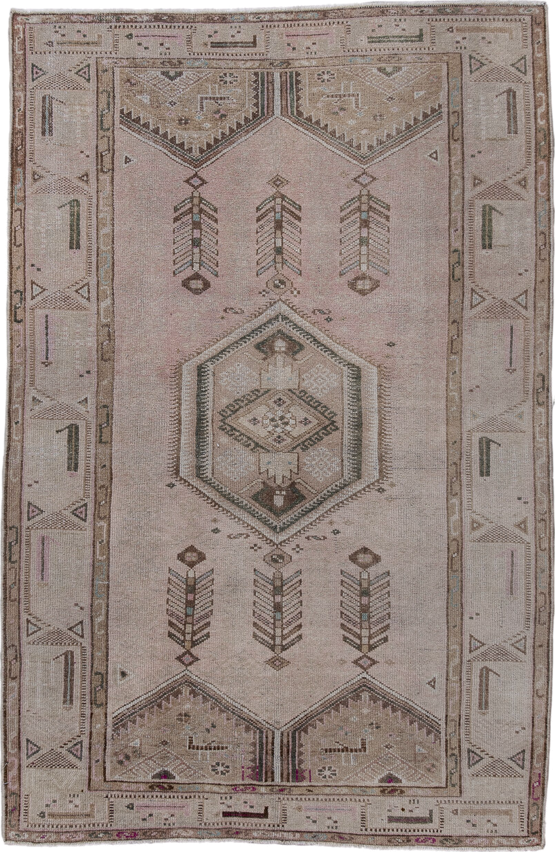 4' x 6' one-of-a-kind handmade antique Hamadan small size rug. Color palette: taupe, blush, brown, ivory, charcoal, sage