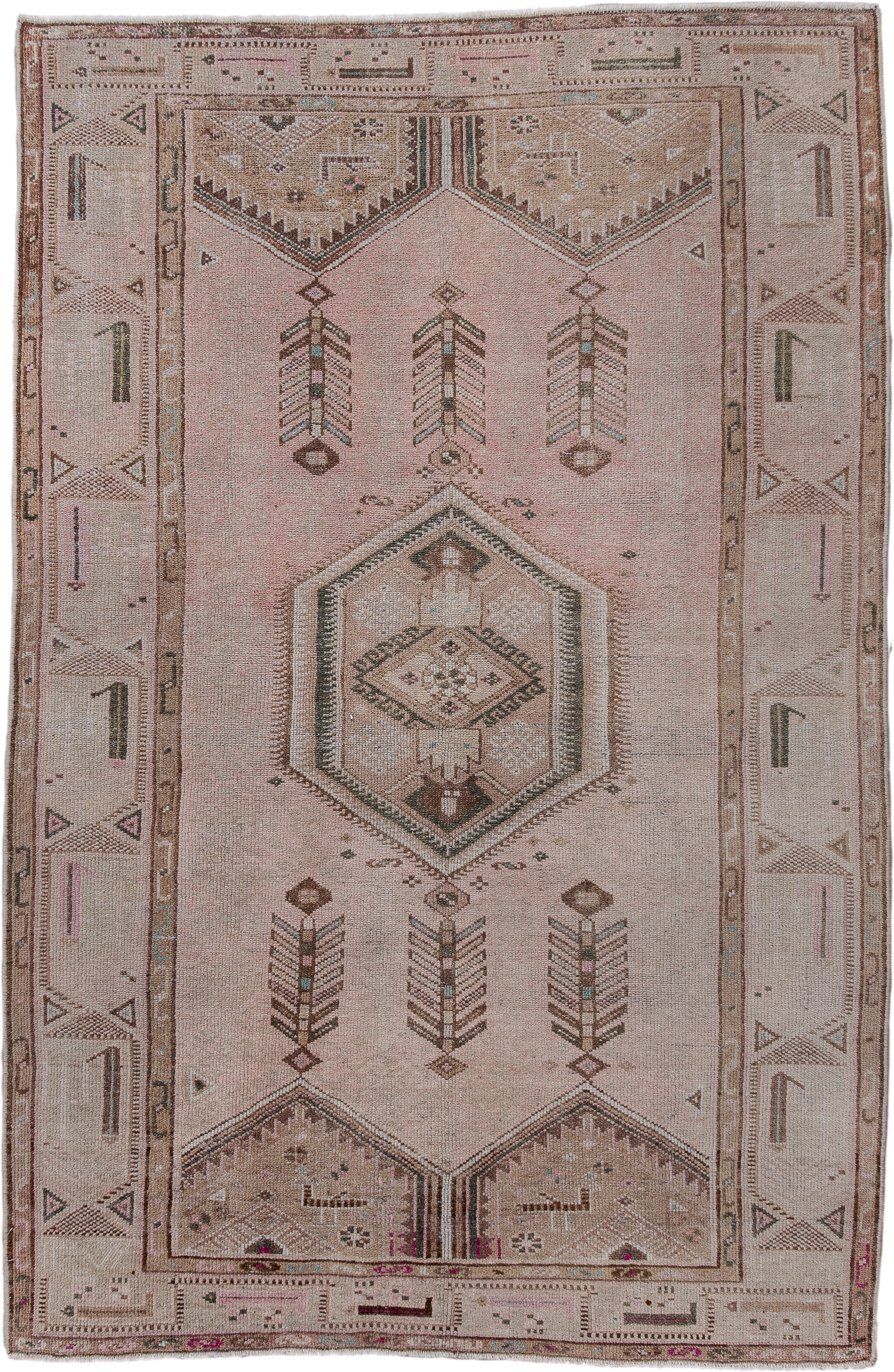 4' x 6' one-of-a-kind handmade antique Hamadan small size rug. Color palette: taupe, blush, brown, ivory, charcoal, sage