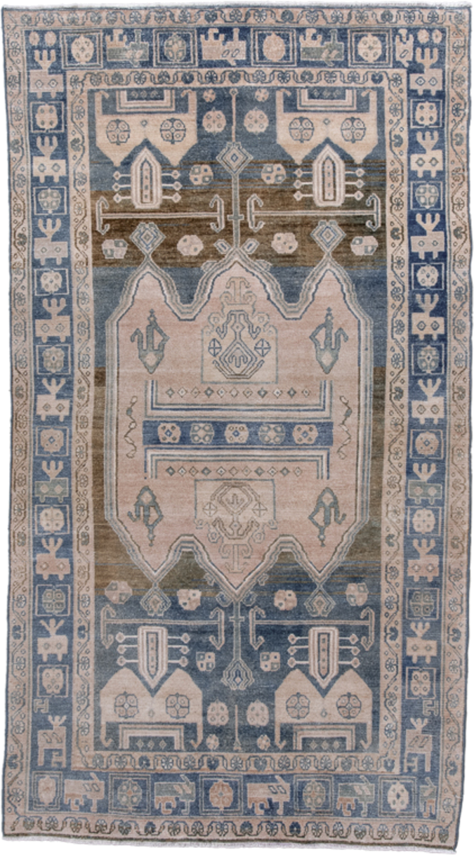 4' x 7' one-of-a-kind handmade antique Hamadan rug. Color palette: navy, ivory, blush, taupe, slate, brown, blue, pink