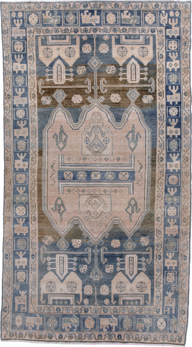 4' x 7' one-of-a-kind handmade antique Hamadan rug. Color palette: navy, ivory, blush, taupe, slate, brown, blue, pink