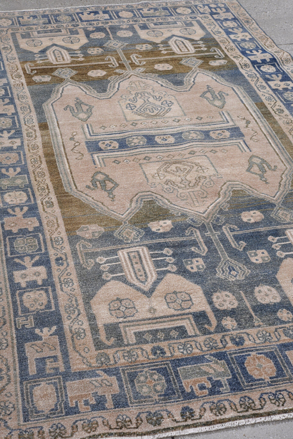 4' x 7' one-of-a-kind handmade antique Hamadan rug. Color palette: navy, ivory, blush, taupe, slate, brown, blue, pink