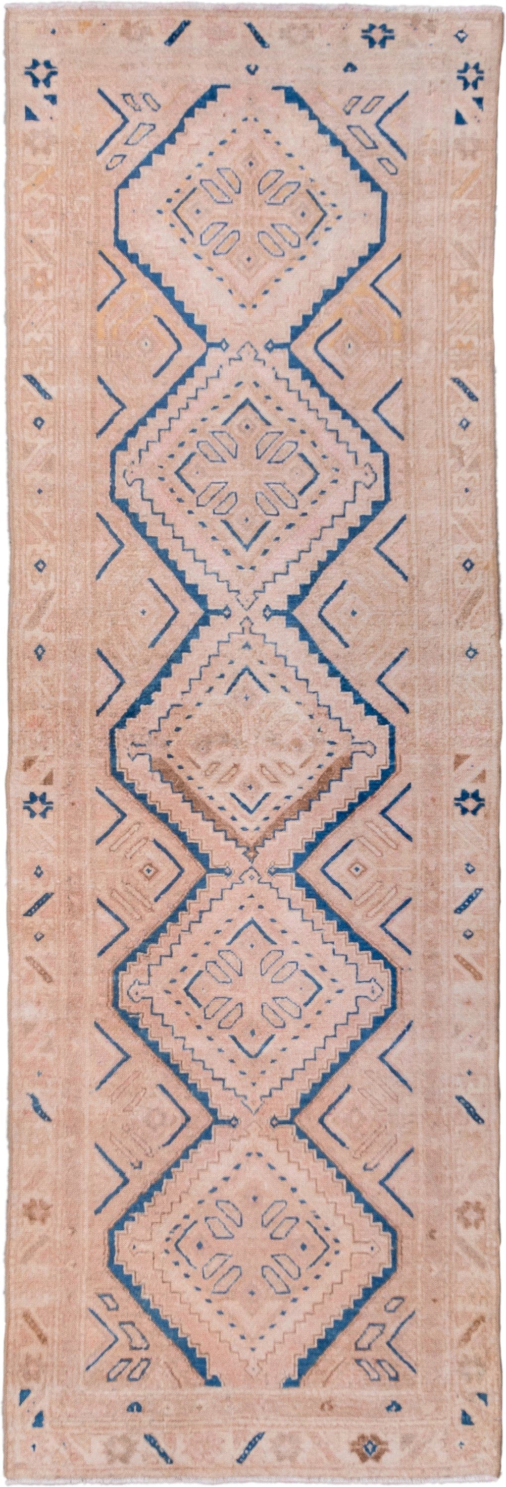 3' x 9' one-of-a-kind handmade vintage Hamadan runner rug. Color palette: blush, ivory, cobalt, beige, camel, pink, blue