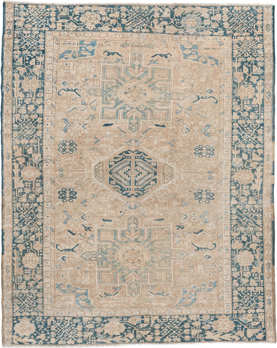 4' x 6' one-of-a-kind handmade antique Karaje rug. Color palette: camel, blue gray, ivory, taupe, slate, beige, gray, blue