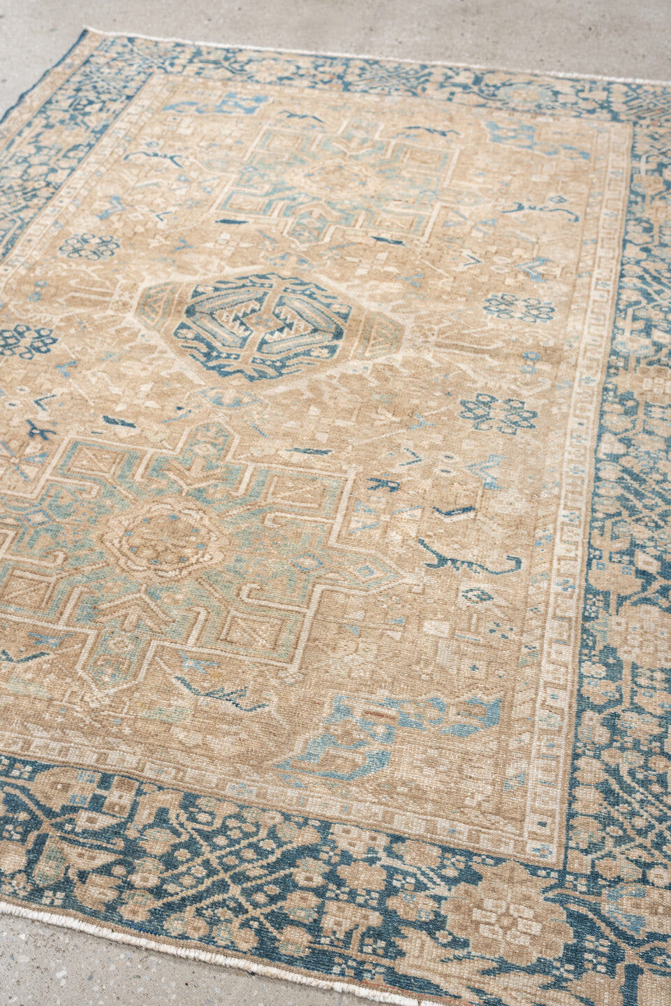 4' x 6' one-of-a-kind handmade antique Karaje rug. Color palette: camel, blue gray, ivory, taupe, slate, beige, gray, blue