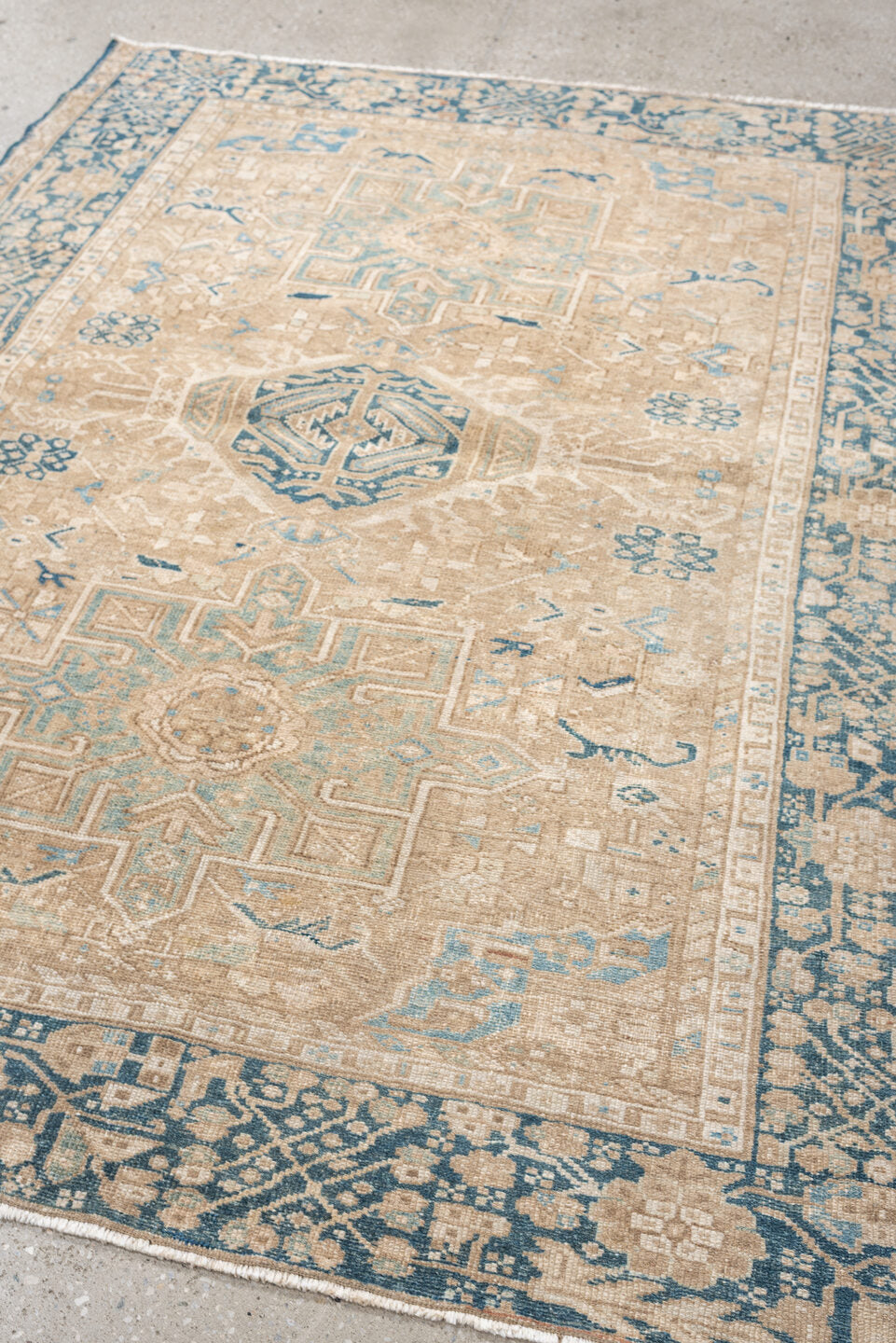 4' x 6' one-of-a-kind handmade antique Karaje rug. Color palette: camel, blue gray, ivory, taupe, slate, beige, gray, blue