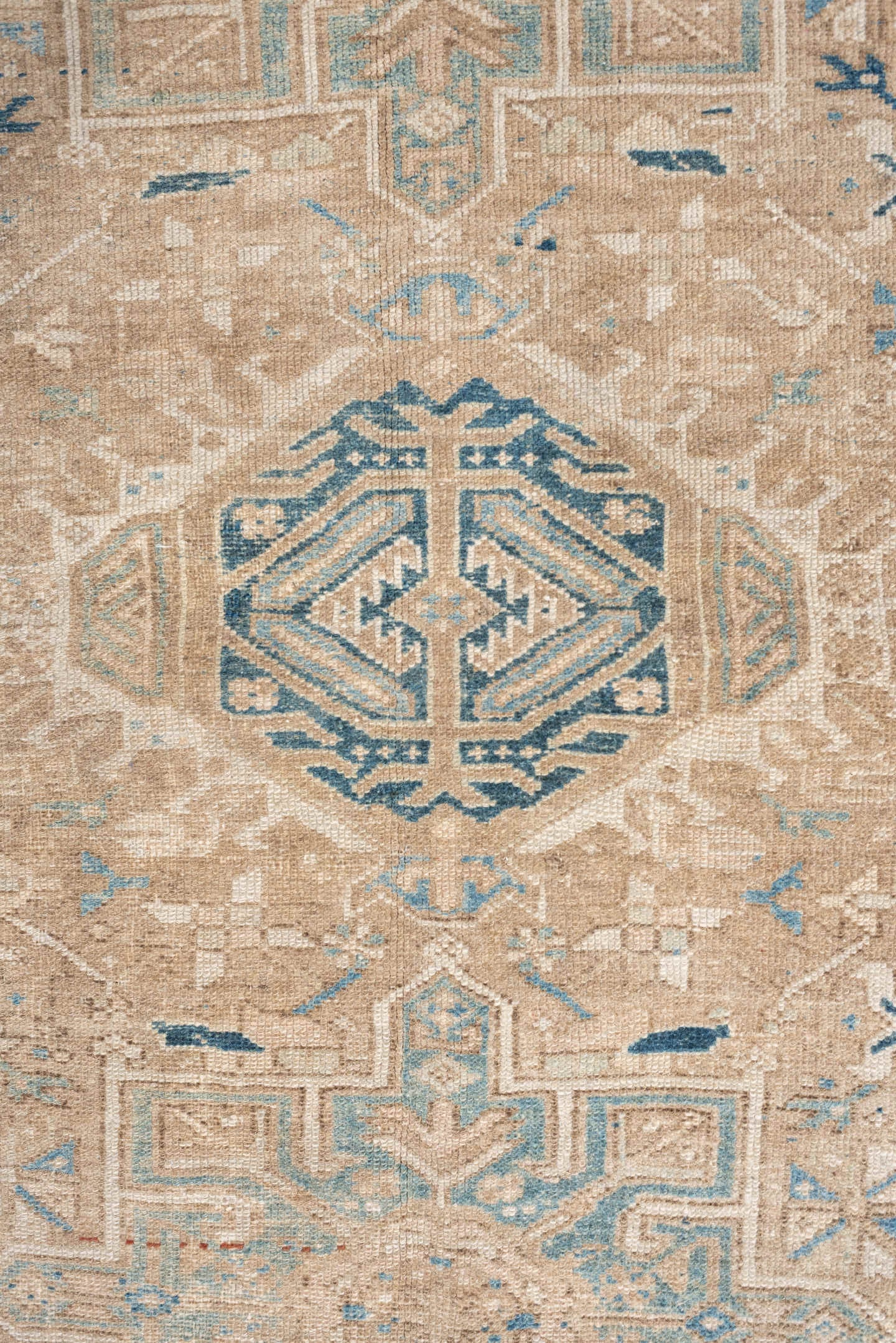 4' x 6' one-of-a-kind handmade antique Karaje rug. Color palette: camel, blue gray, ivory, taupe, slate, beige, gray, blue