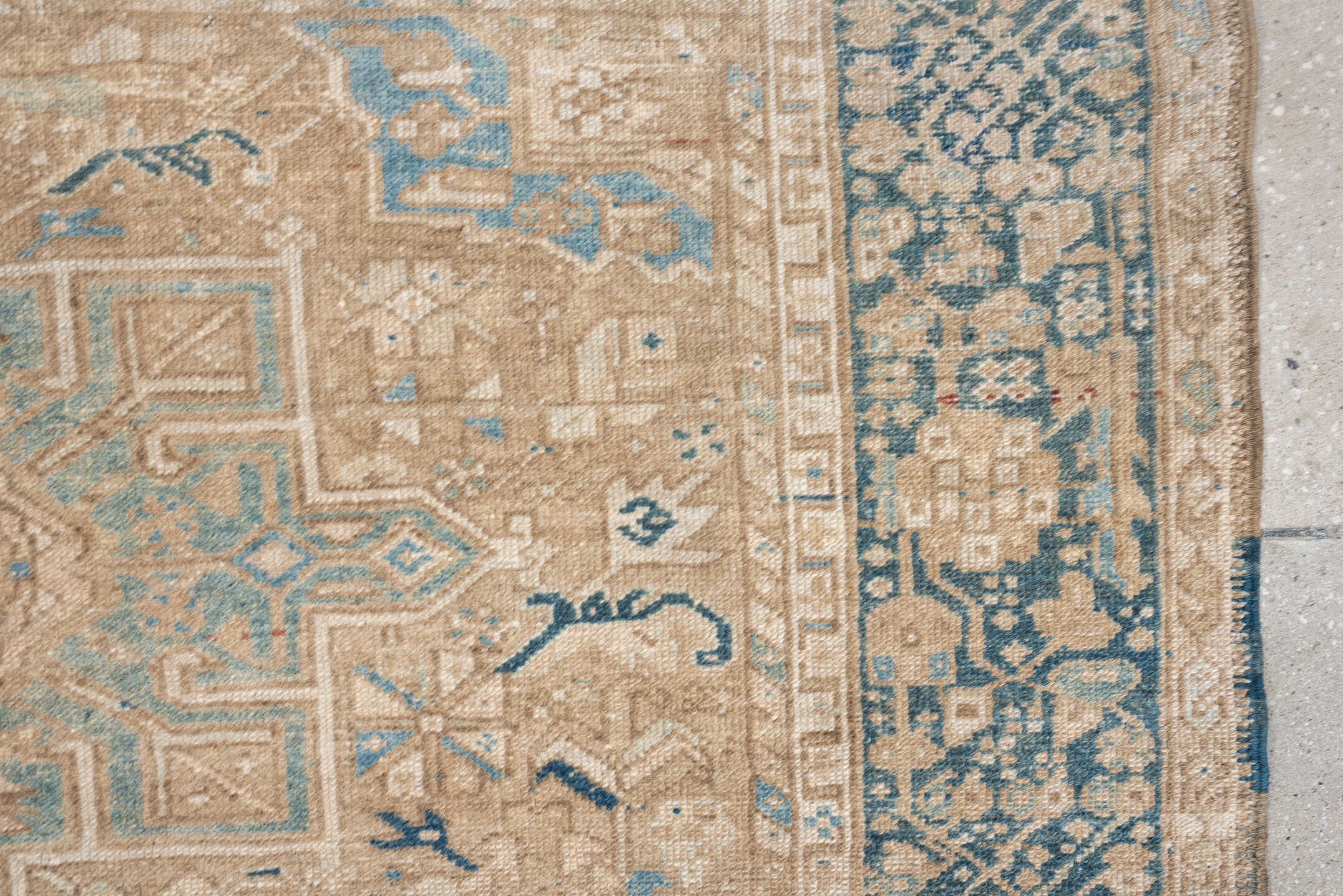 4' x 6' one-of-a-kind handmade antique Karaje rug. Color palette: camel, blue gray, ivory, taupe, slate, beige, gray, blue