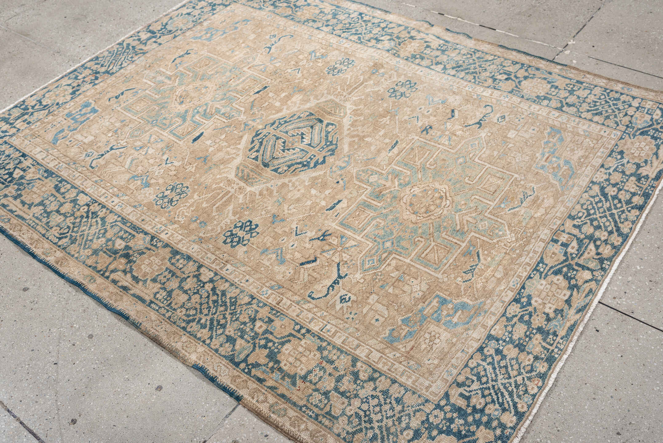 4' x 6' one-of-a-kind handmade antique Karaje rug. Color palette: camel, blue gray, ivory, taupe, slate, beige, gray, blue