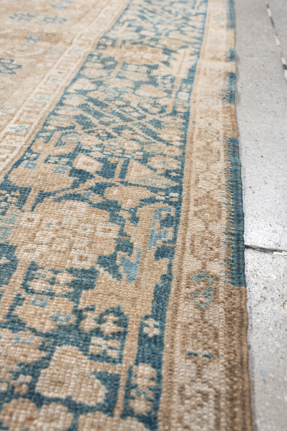 4' x 6' one-of-a-kind handmade antique Karaje rug. Color palette: camel, blue gray, ivory, taupe, slate, beige, gray, blue