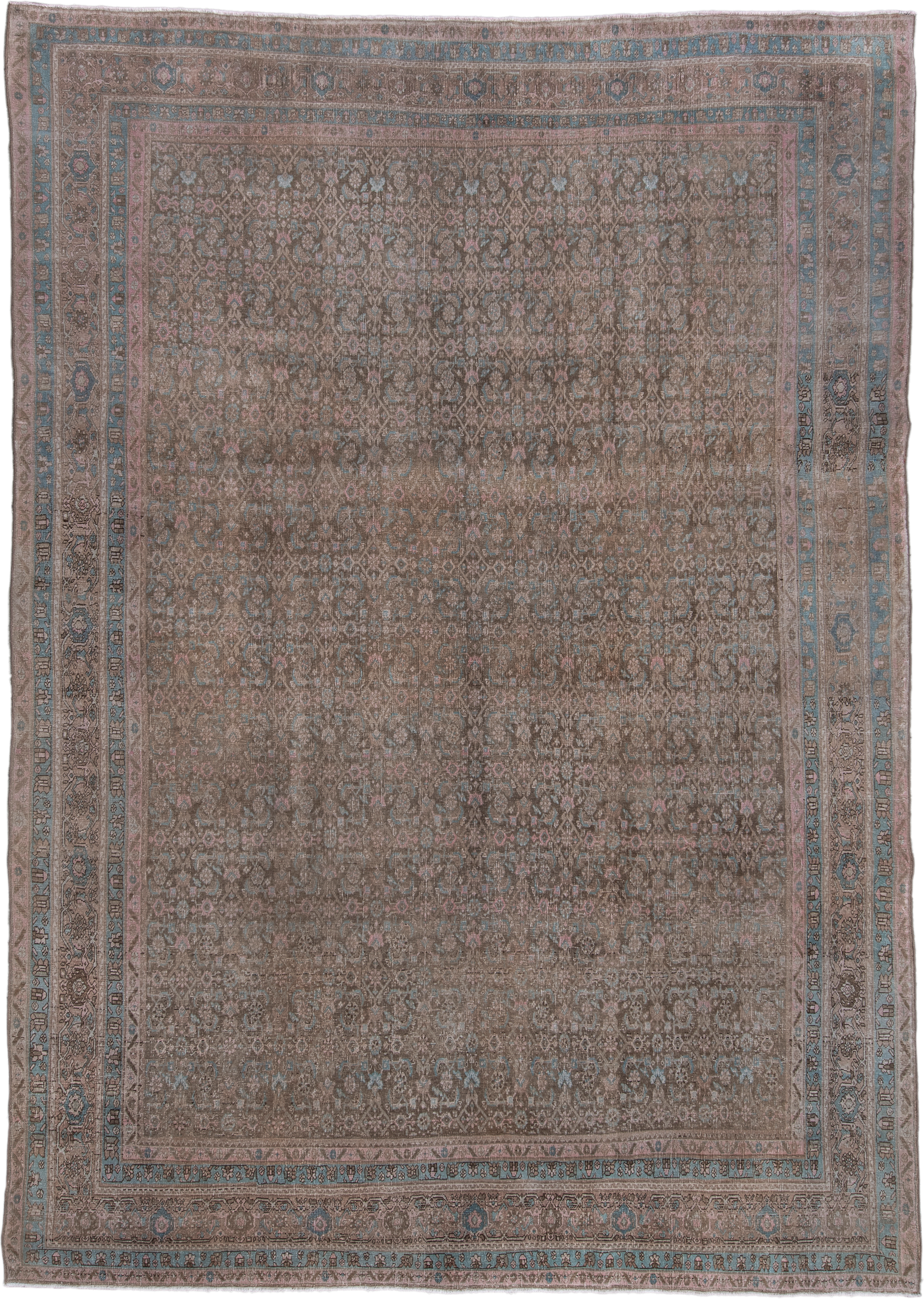 8' x 11' one-of-a-kind handmade antique Bidjar large size rug. Color palette: taupe, brown, dusty rose, pale blue, ivory