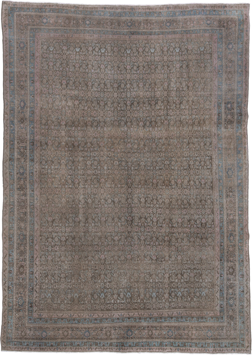 8' x 11' one-of-a-kind handmade antique Bidjar large size rug. Color palette: taupe, brown, dusty rose, pale blue, ivory