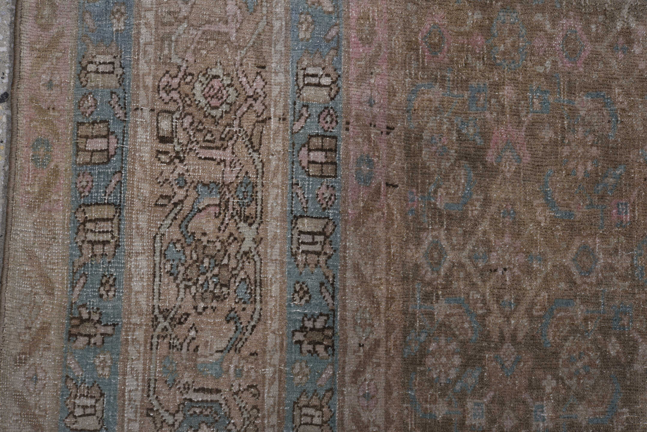 8' x 11' one-of-a-kind handmade antique Bidjar large size rug. Color palette: taupe, brown, dusty rose, pale blue, ivory