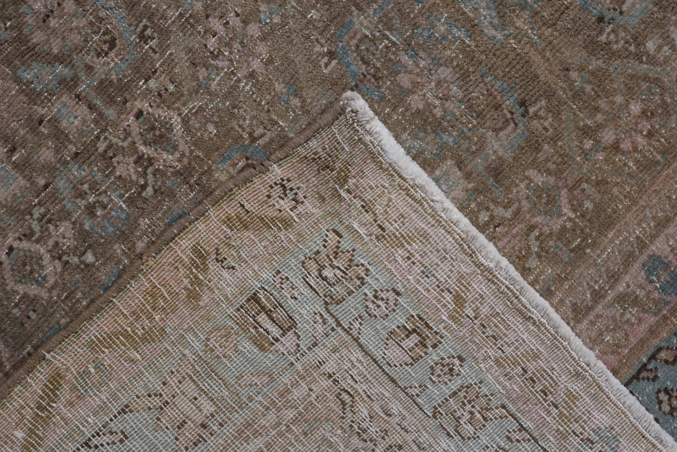 8' x 11' one-of-a-kind handmade antique Bidjar large size rug. Color palette: taupe, brown, dusty rose, pale blue, ivory