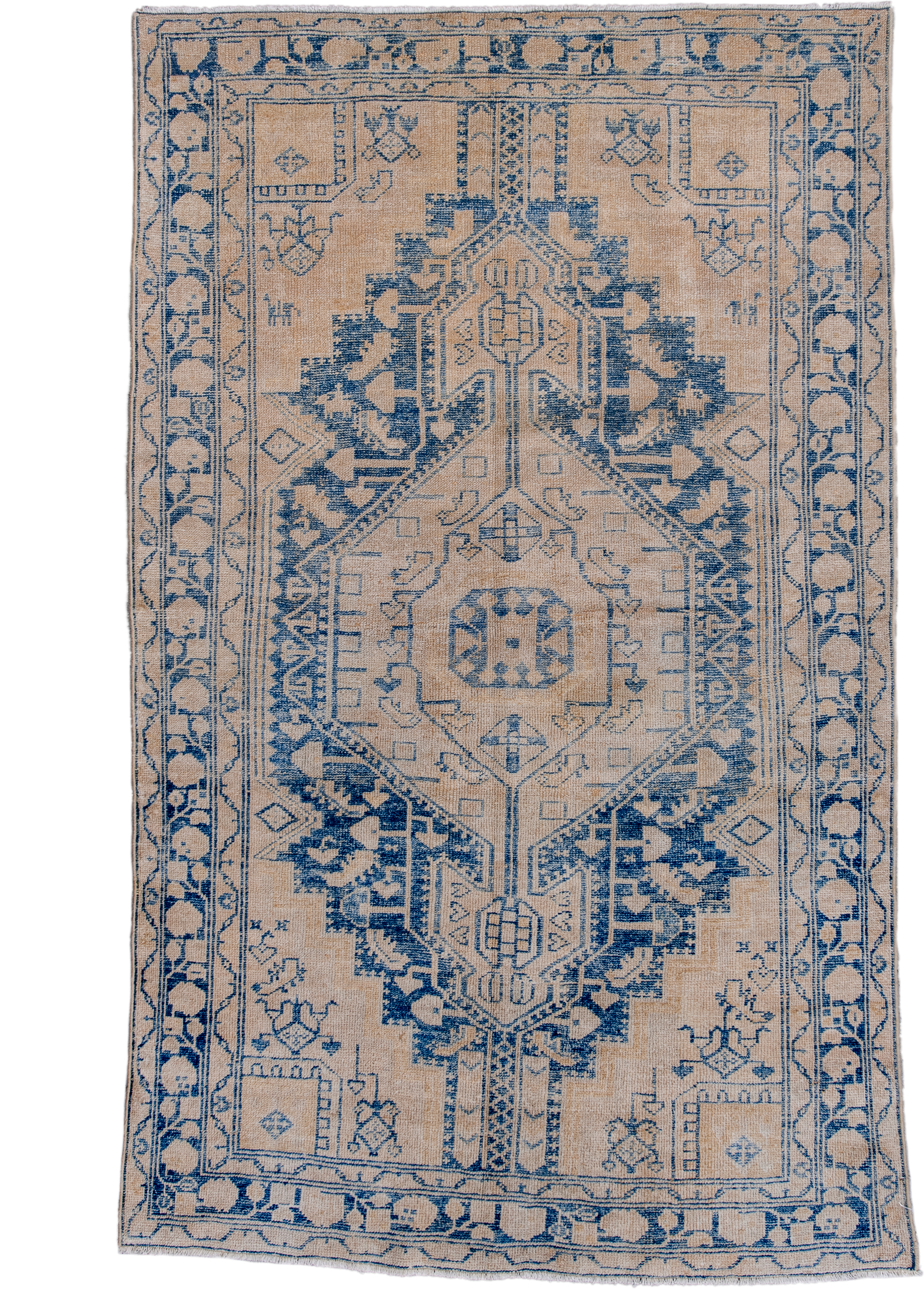 4' x 7' one-of-a-kind handmade antique Hamadan rug. Color palette: ivory, denim, slate, taupe, blue, gray, beige