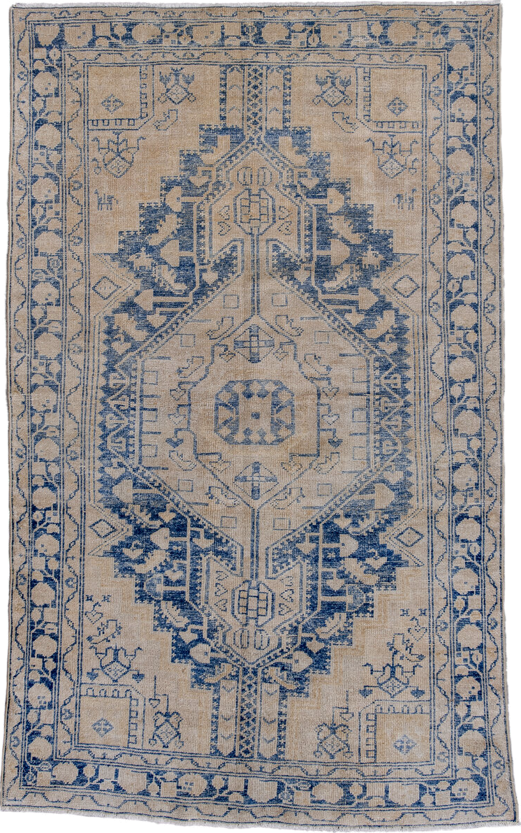 4' x 7' one-of-a-kind handmade antique Hamadan rug. Color palette: ivory, denim, slate, taupe, blue, gray, beige