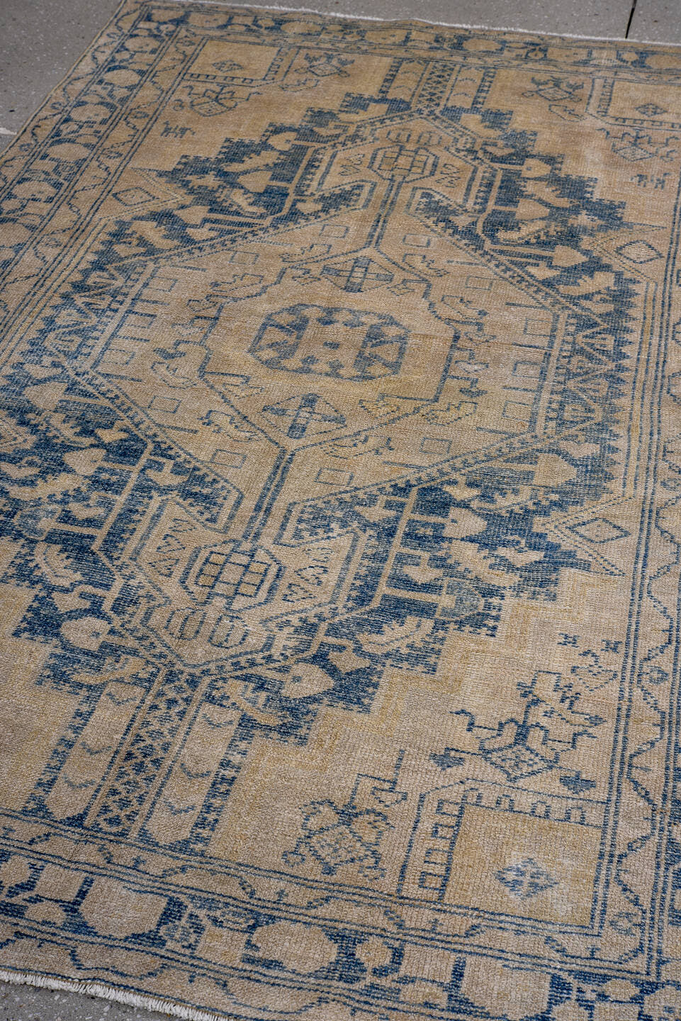 4' x 7' one-of-a-kind handmade antique Hamadan rug. Color palette: ivory, denim, slate, taupe, blue, gray, beige