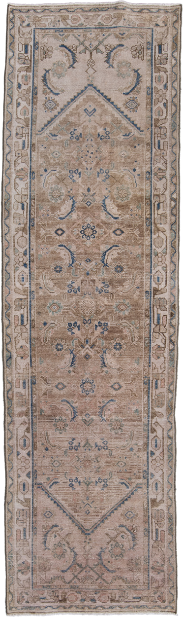 2' x 9' one-of-a-kind handmade antique Hamadan runner rug. Color palette: taupe, ivory, blue, beige, camel, slate, gray
