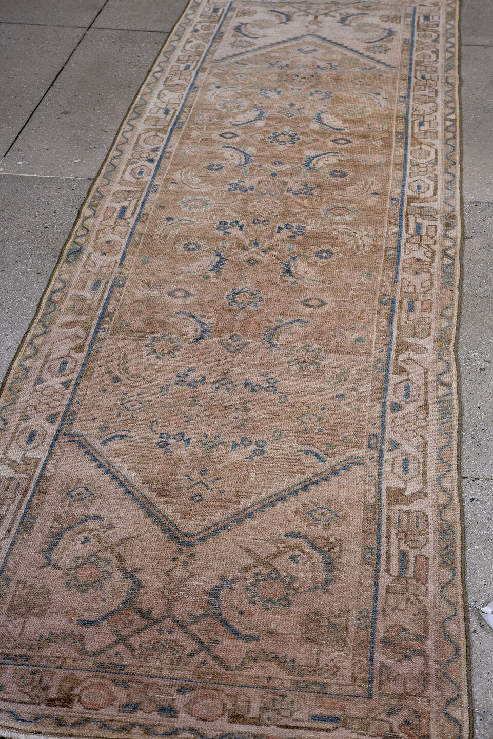 2' x 9' one-of-a-kind handmade antique Hamadan runner rug. Color palette: taupe, ivory, blue, beige, camel, slate, gray