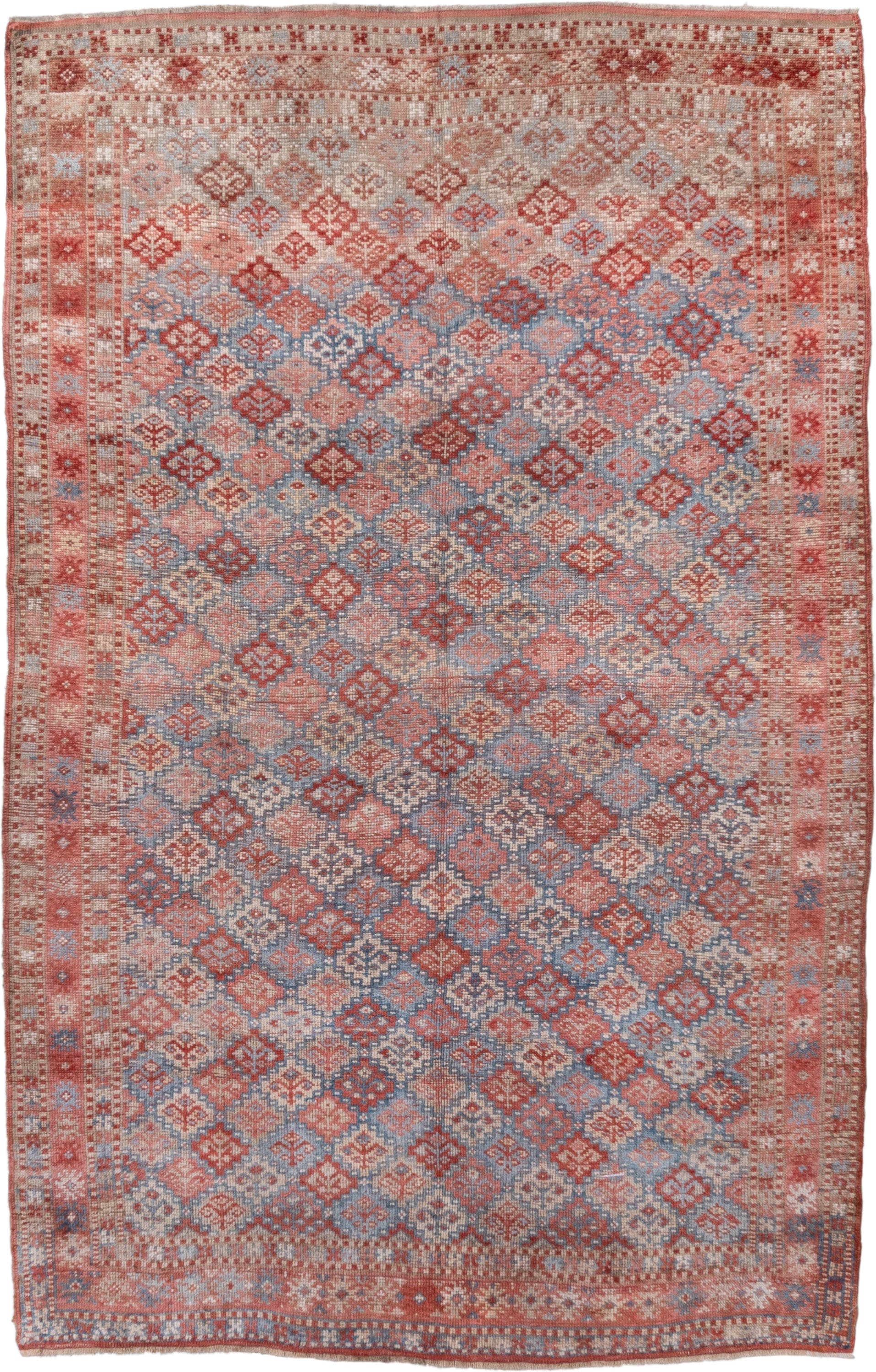 5' x 7' one-of-a-kind handmade antique Kurd rug. Color palette: coral, dusty blue, ivory, rust, rose, taupe, terracotta