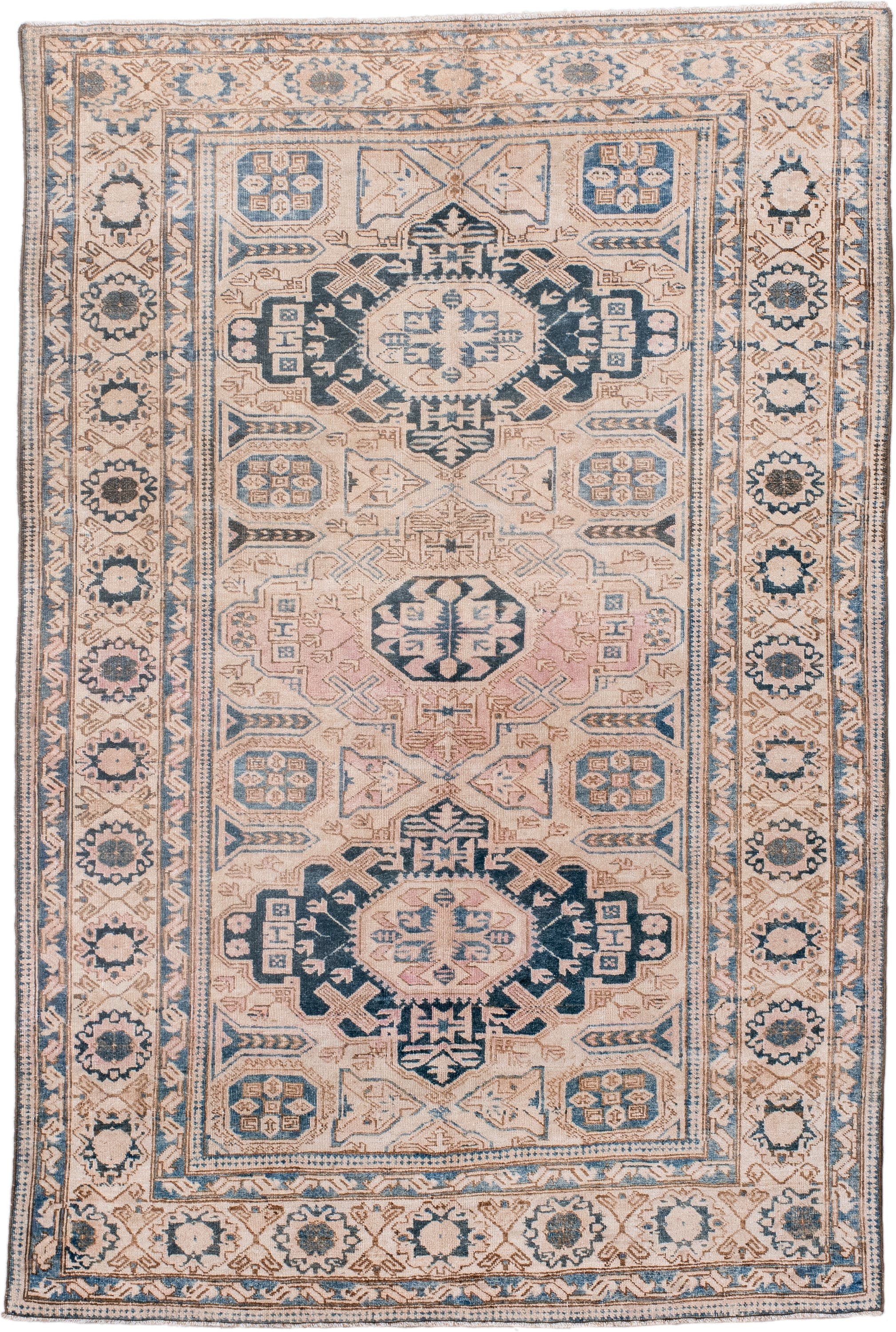 4' x 6' one-of-a-kind handmade antique Ardebil small size rug. Color palette: ivory, faded blue, taupe, blush, charcoal