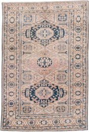 4' x 6' one-of-a-kind handmade antique Ardebil small size rug. Color palette: ivory, faded blue, taupe, blush, charcoal