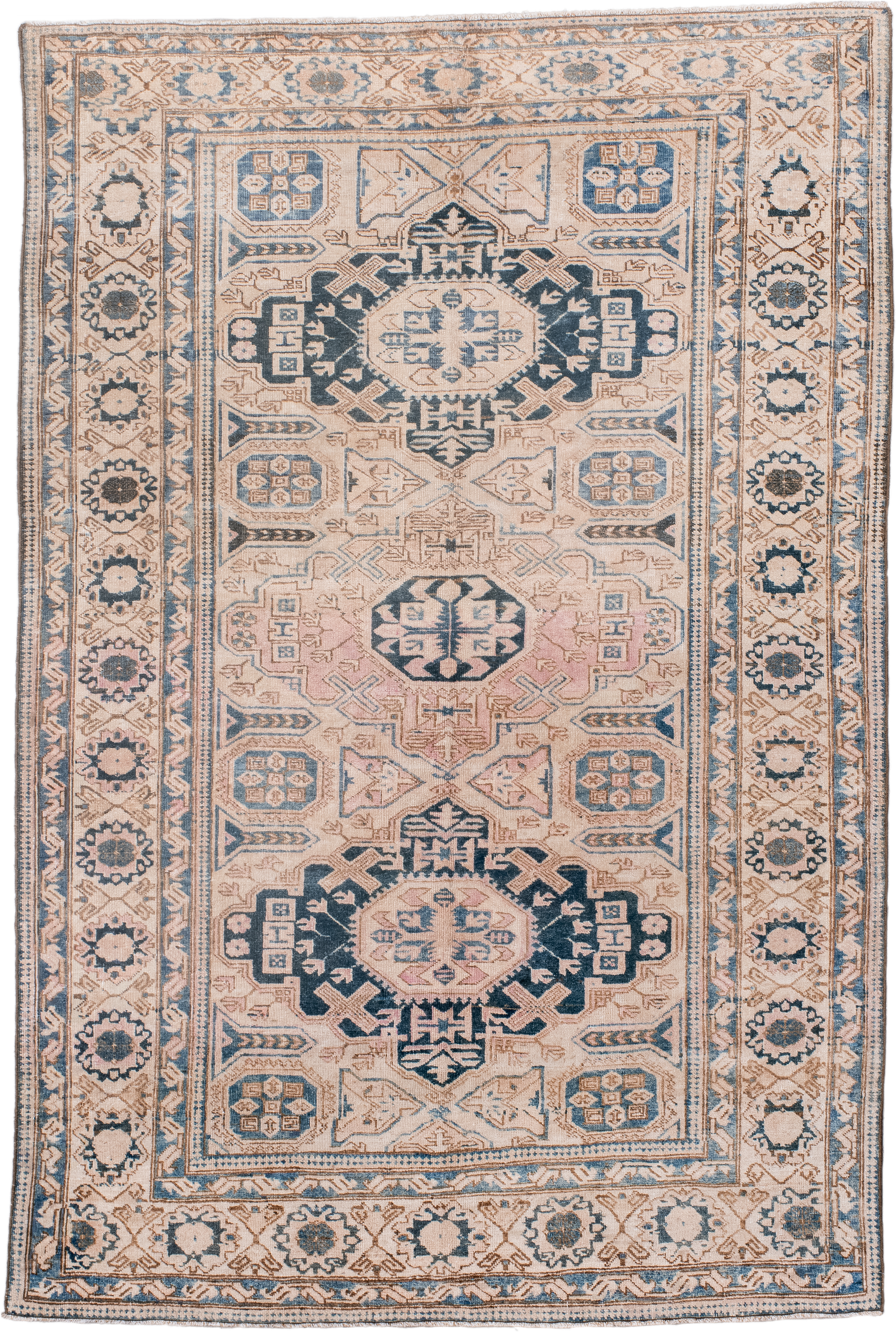 4' x 6' one-of-a-kind handmade antique Ardebil small size rug. Color palette: ivory, faded blue, taupe, blush, charcoal