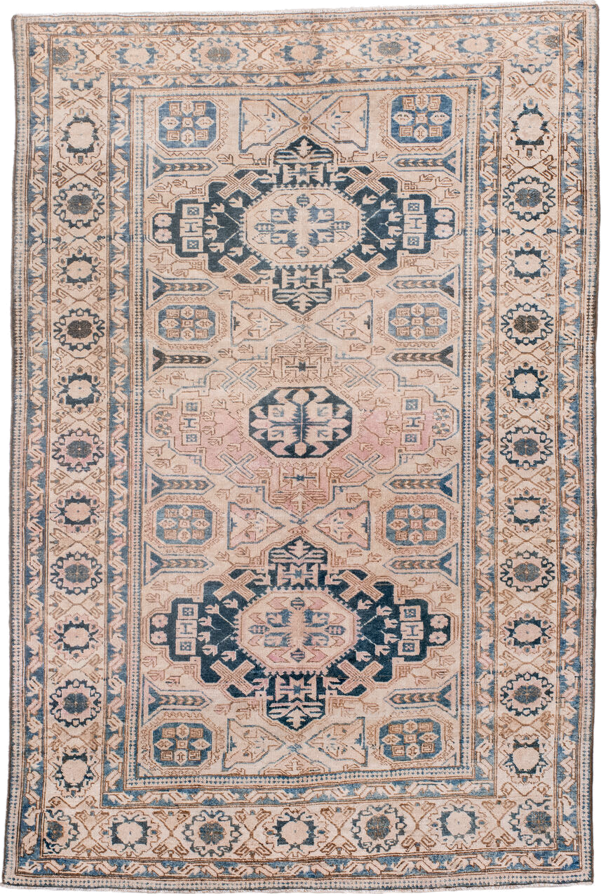4' x 6' one-of-a-kind handmade antique Ardebil small size rug. Color palette: ivory, faded blue, taupe, blush, charcoal